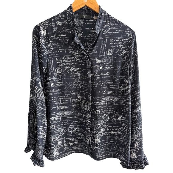 Tahari Tops - Tahari French Script Postmark Print Ruffle Cuff Blouse Black White Long Sleeve